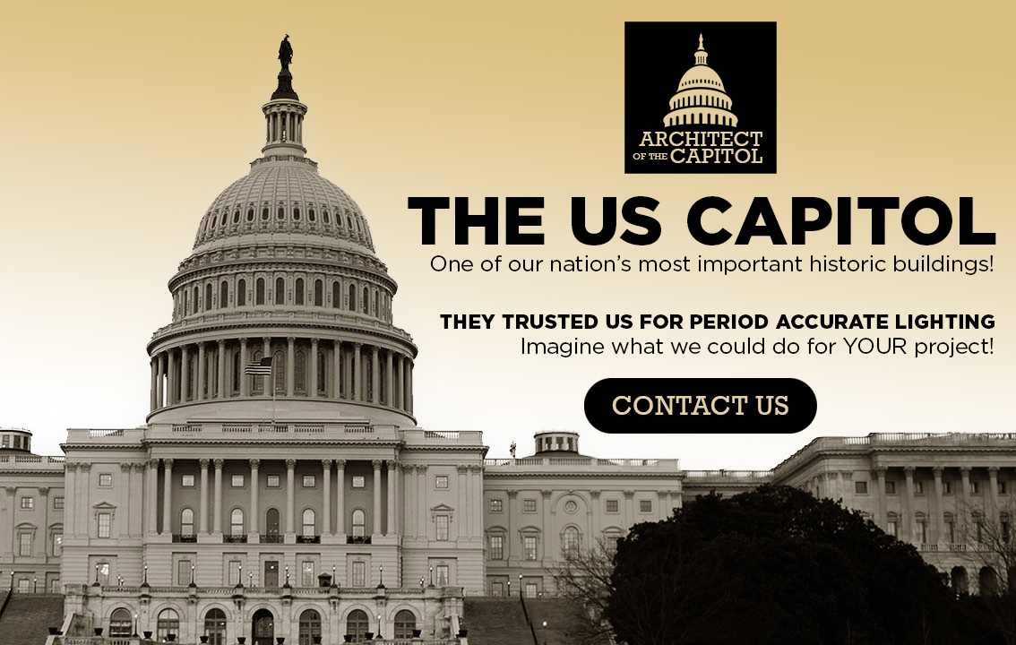 CLC has antique lighting fixtures presently hanging in the The US Capitol in Washington, DC. Click to Contact us.